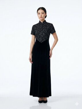 Vintage 90s JESSICA HOWARD Sparkly Velvet Short Sleeve Long Black Dress Med 10